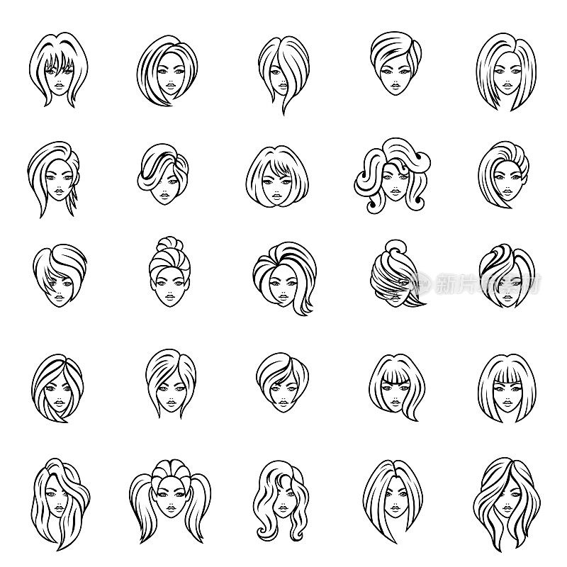 Women faces. Outline icon set